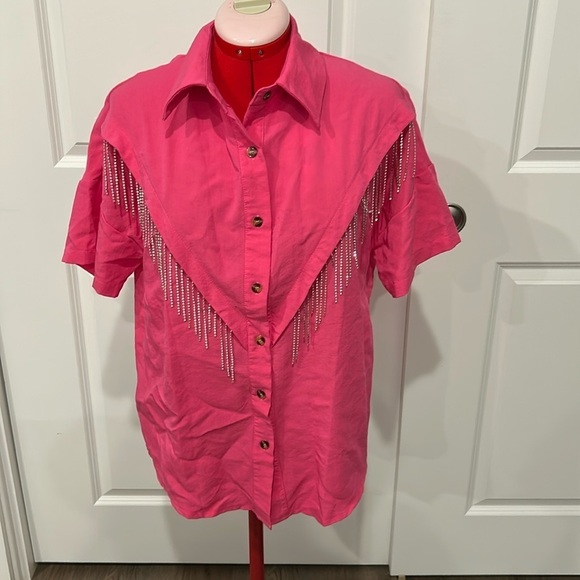 Pink Rhinestone Western Cowboy Cowgirl Country Concert Short Sleeve Top Size M - Picture 1 of 9